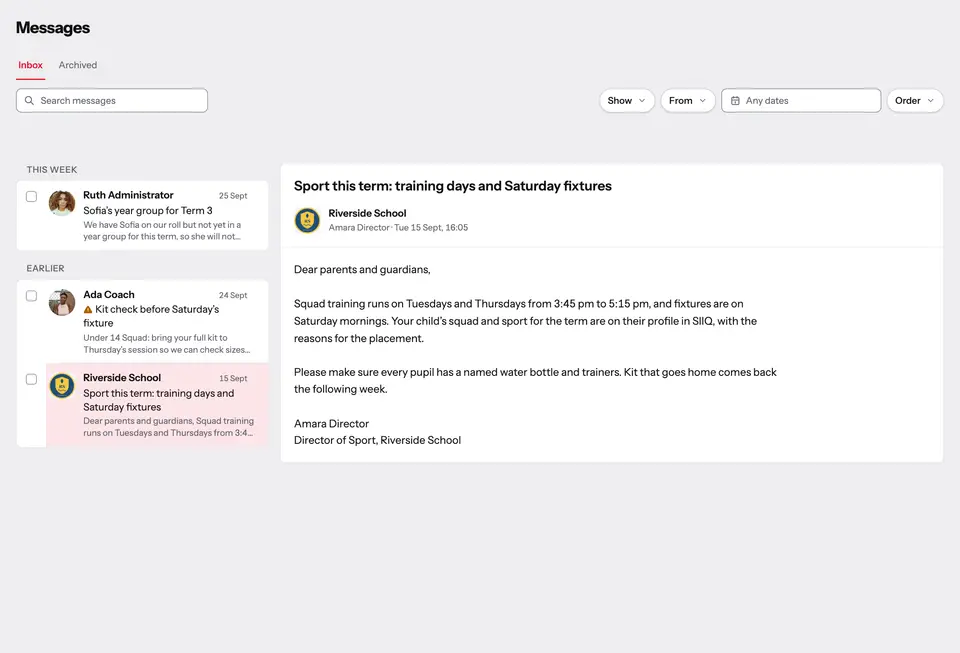 A parent’s inbox, with a message from the Director of Sport about training days and fixtures