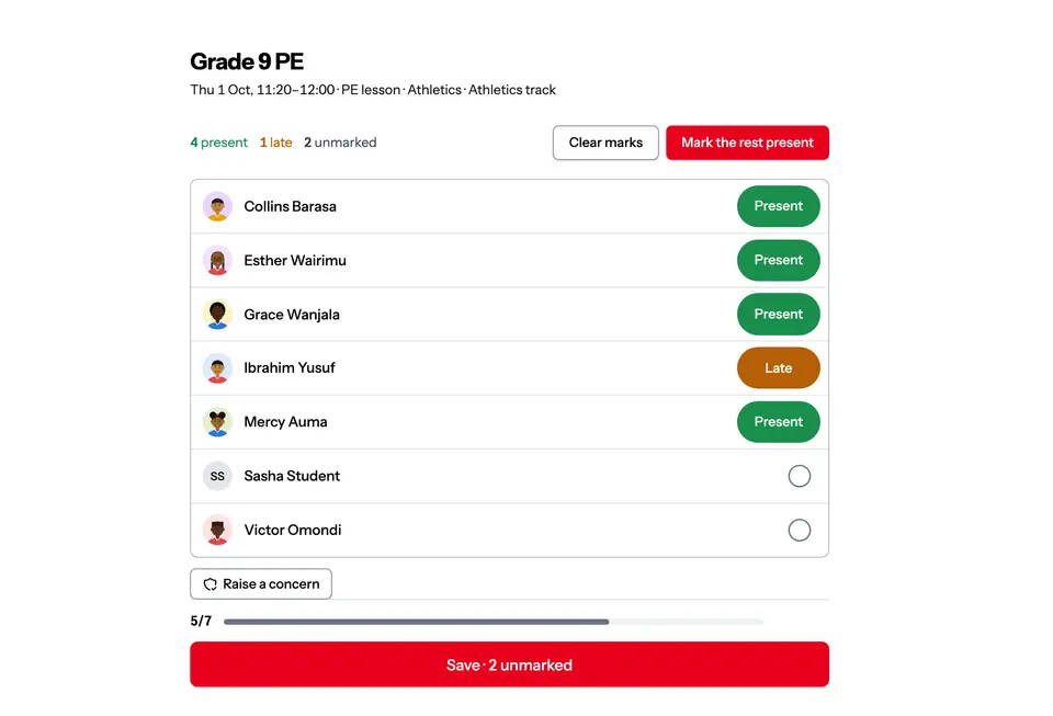 A PE register part way through marking, with the rest one tap from present